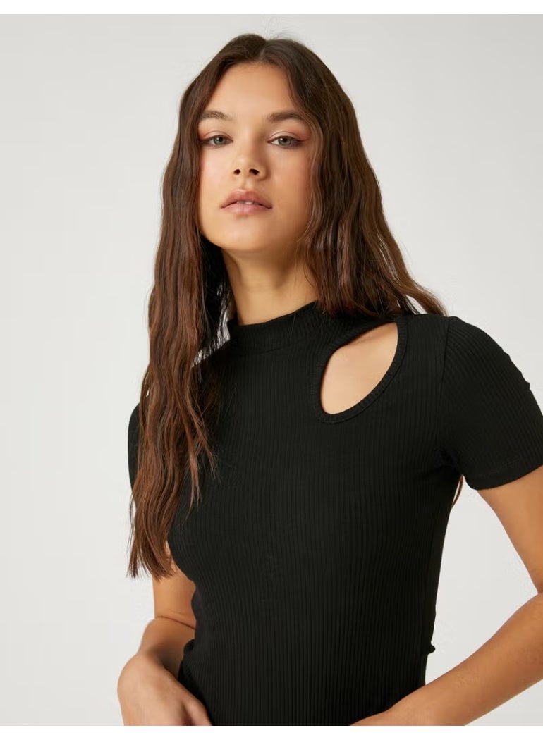KOTON Crop T-Shirt with Window Detail High Collar Short Sleeve - Image 1